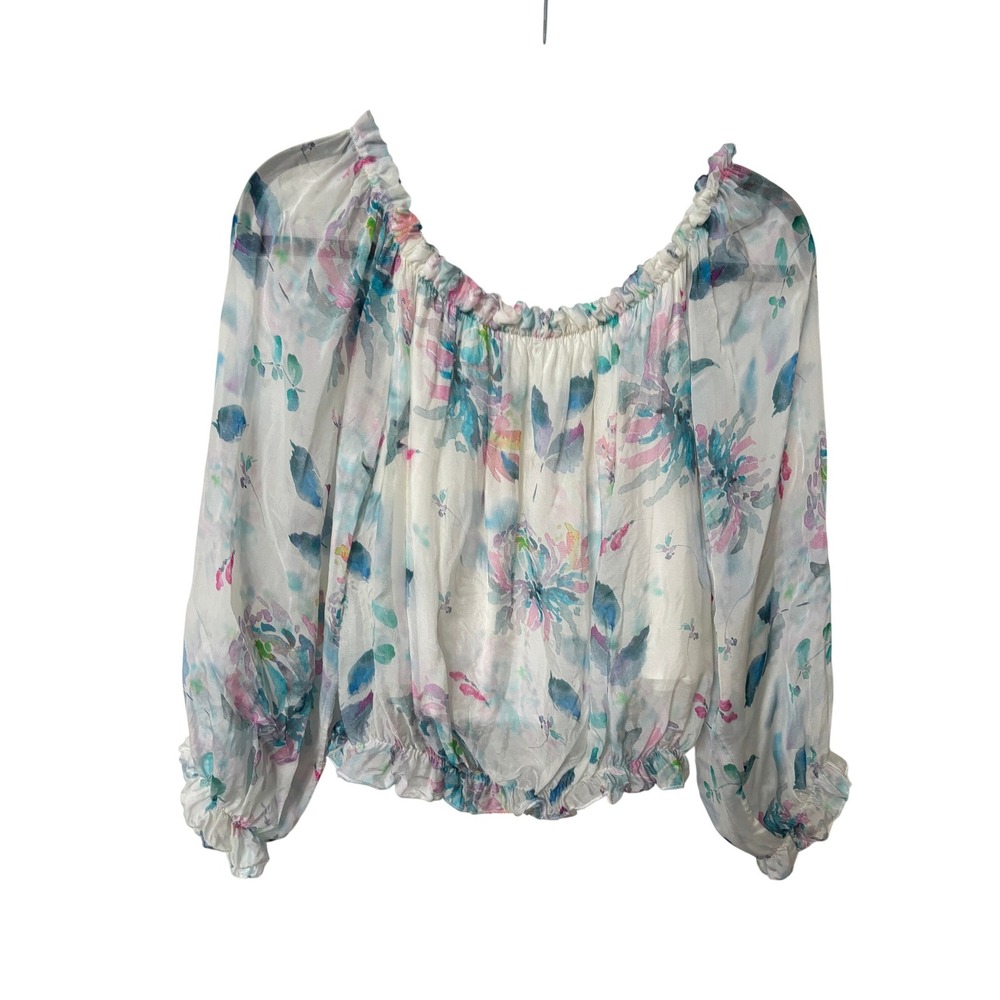 Le Ragazze Italy Silk Blend Floral Off Shoulder Smocked Blouse White Blue L
